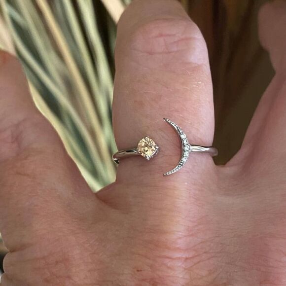 Crescent Moon Stainless Steel High polished Champagne CZ Ring Sizes 7,8 - Picture 3 of 7